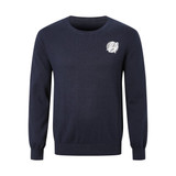 A navy unisex 100% cotton round collar sweater with a small logo. Long sleeves and ribbed cuffs.