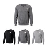 A set of unisex 100% cotton V-neck sweaters in black, dark grey, and light grey, each featuring a logo.