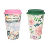 A reusable bamboo coffee cup set featuring a floral design with a pink lid and a green lid. Each cup has a logo. A reusable bamboo coffee cup set featuring a floral design with a pink lid and a green lid. Each cup has a logo.