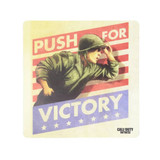 A cork coaster featuring a soldier with a vintage graphic design, predominantly in red, white, and blue hues.