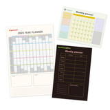 Three pages of planners include a 2025 yearly planner in pastel colours, a monthly planner in light green, and a weekly planner in black.