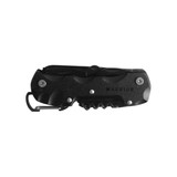 A black multifunction pocket knife featuring various tools and a keyring attachment. It has a branded design. A black multifunction pocket knife featuring various tools and a keyring attachment. It has a branded design.