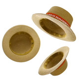 A straw hat with a wide brim and a red ribbon band, showcasing a natural beige colour. It has a round, hollow interior.