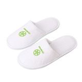 White hotel slippers with a logo, featuring a soft texture and open-toe design.