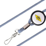 A blue and white striped lanyard with a retractable badge holder and a logo. Perfect for events and exhibitions.