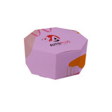 An octagonal Kraft box in shades of pink, featuring a logo on the surface.