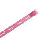 A pink ribbon with gold edges, featuring a branding logo, categorized under print ribbons.