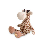 A plush giraffe toy with a spotted tan and brown body, soft fabric, and a friendly face. It features a logo. A plush giraffe toy with a spotted tan and brown body, soft fabric, and a friendly face. It features a logo.