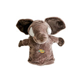 A brown elephant hand puppet with large ears and white eyes, featuring a logo on its chest.