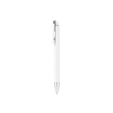 A plastic pen with a white barrel and silver accents, featuring a clip and a smooth writing tip.