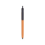 A push button pen with a colour barrel in orange and a black cap, featuring a logo on the barrel.