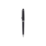 A sleek black metal pen featuring a silver clip and accents, with a logo on the body.