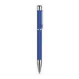 A metallic blue pen with a textured grip and silver accents, featuring a clip and a branding logo.