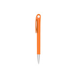 An orange plastic pen with a silver tip and a clip, featuring a branding logo.