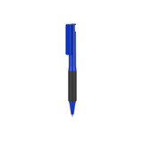 A blue plastic pen with a black soft grip and a clip, featuring a logo on the barrel.