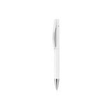 A white pen with a silver clip and tip, featuring a logo on its body.