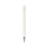 A sleek white pen with a silver tip and a logo on the body, featuring a spray finish.