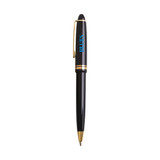 A black Plastic Click Deluxe Pen with gold accents and a branded element.