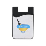 A black and white phone wallet with a curved design and a logo on the front.