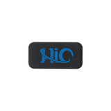 A black mini webcam cover with a logo printed in blue on the surface.