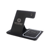 A black 3-in-1 portable wireless charger with a sleek design and a logo on the surface.