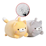 Plush cat-shaped travel pillows in yellow and grey, featuring a cute design and soft material. Has a logo.