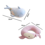 A whale-shaped travel pillow in blue and pink, suitable for both comfort and fun. Measures 30cm by 24cm.