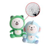 Two plush toys shaped like animals, one green frog and one blue monkey, featuring small white pellets visible in an inset.