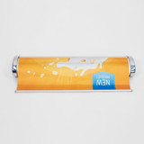 A3 counter top pull-up banner with a vibrant orange design featuring a splash effect, includes a logo.