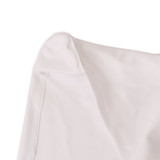 A fitted white banquet chair cover with a smooth finish and stitching details. It features a logo.