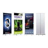 Four pull-up banners in various designs. Colours include black, green, blue, and white. Each banner features a logo or branding.