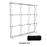 A straight 3x3 fabric popup display stand in silver with a black carrying bag.