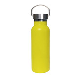A drink bottle in bright yellow with a stainless steel lid and a handle. Features a logo on the side.