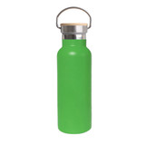 A drink bottle in vibrant green with a stainless steel body and a bamboo lid. It features a metal carry handle.