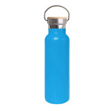A drink bottle in bright blue with a bamboo lid and stainless steel accent, featuring a handle for easy carrying.