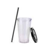 A clear 16oz plastic cup with a black lid and straw, featuring a sleek design.