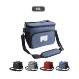 A blue cooler bag with a shoulder strap and a front pocket, featuring a logo and available in multiple colours.