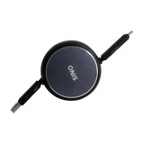 A retractable portable charging cable in black and grey, featuring dual connectors and a logo.