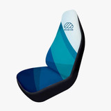 A car seat cover featuring a modern design in shades of blue and teal with a logo on the backrest.