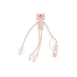 A wheat straw charging cable in a unique man shape, featuring multiple connectors and a branding logo.