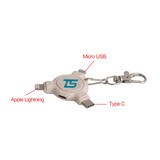 A 3-in-1 wheat straw data blocker in cream colour with keyring attachment, featuring USB-C, Micro USB, and Apple Lightning connectors.