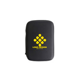 A black small zipper case featuring a logo design in yellow. Suitable for miscellaneous storage purposes.