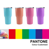 A drink bottle featuring four 30oz double wall stainless steel tumblers in turquoise, coral, pink, and purple, with a colour chart below.