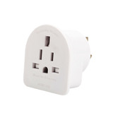 A white travel adapter with multiple sockets, designed for use in Australasia and compatible with various plug types.