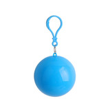A blue ball-shaped item with a clip, designed as a rain poncho holder, featuring a smooth, shiny surface.