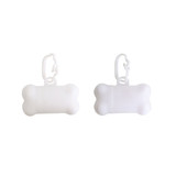 A white bone-shaped pet waste bag dispenser with a clip for easy attachment. It features a simple, smooth design.