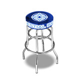 A custom barstool with a blue padded seat and a metal frame, featuring a logo on the seat.