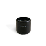 A drink bottle stopper in black with markings, featuring a sleek, modern design. It has a logo on the surface.