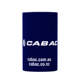 A navy blue stubby holder featuring a logo and website details on a plain background.