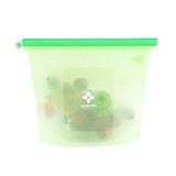 A silicone reusable storage pouch in translucent green and white, featuring a branded logo and a zip closure. A silicone reusable storage pouch in translucent green and white, featuring a branded logo and a zip closure.